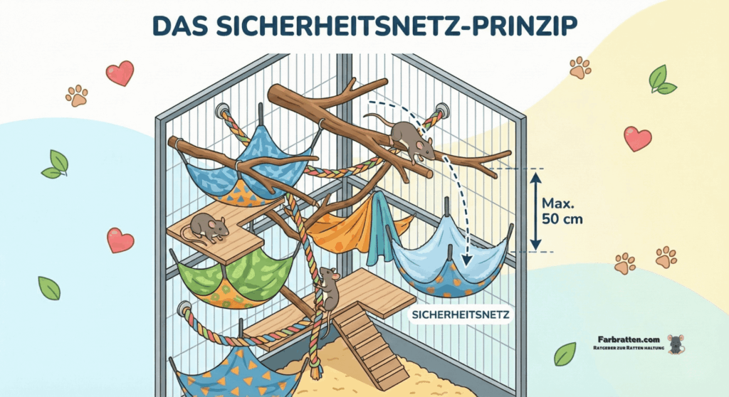 Rattenkäfig Sicherheitsnetz Prinzip - Infografik - Farbratten.com